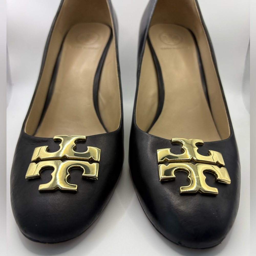 EUC Tory Burch Raleigh Wedge Black Heels with Gold Logo - Picture 6 of 10